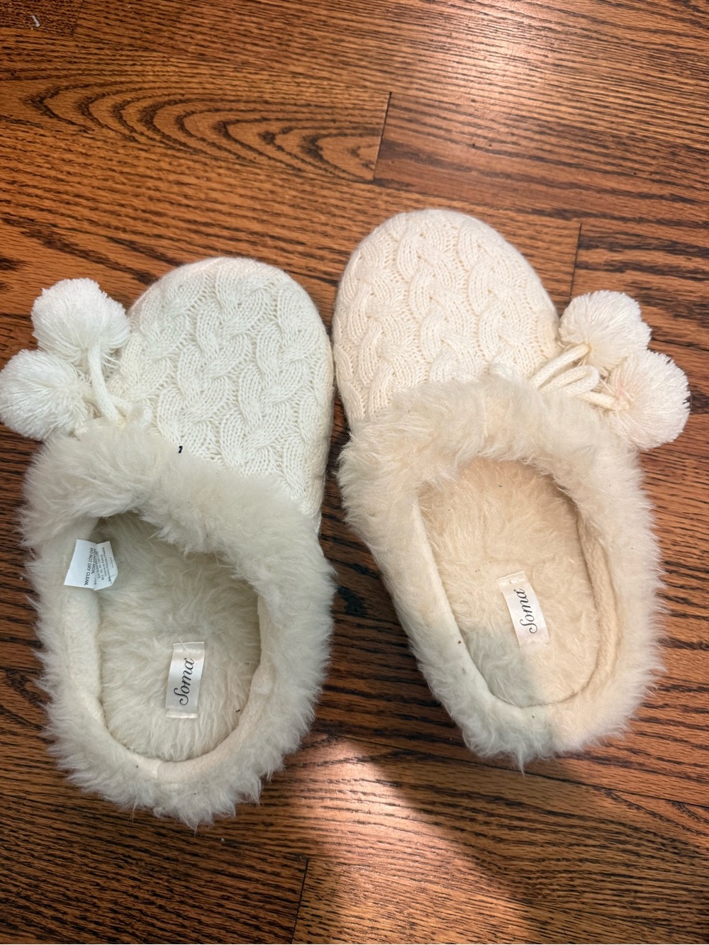 Soma Cream Cable-Knit Pom-Pom Cozy Slippers